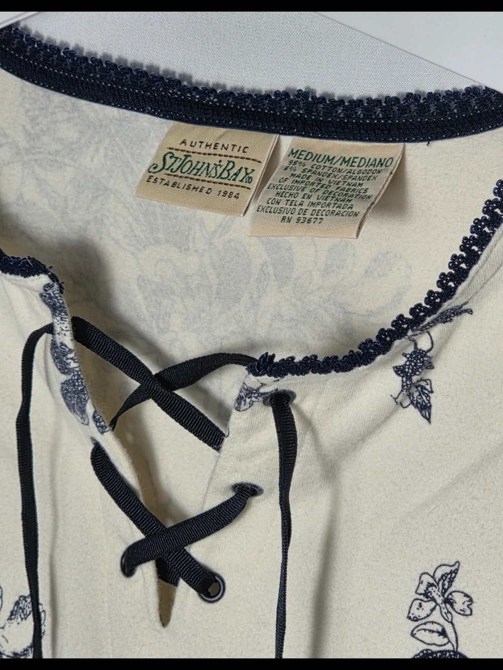 St. John's Bay Cream Top with Navy Trim and Lace-Up Neck Medium Cottagecore Y2K - Picture 3 of 4